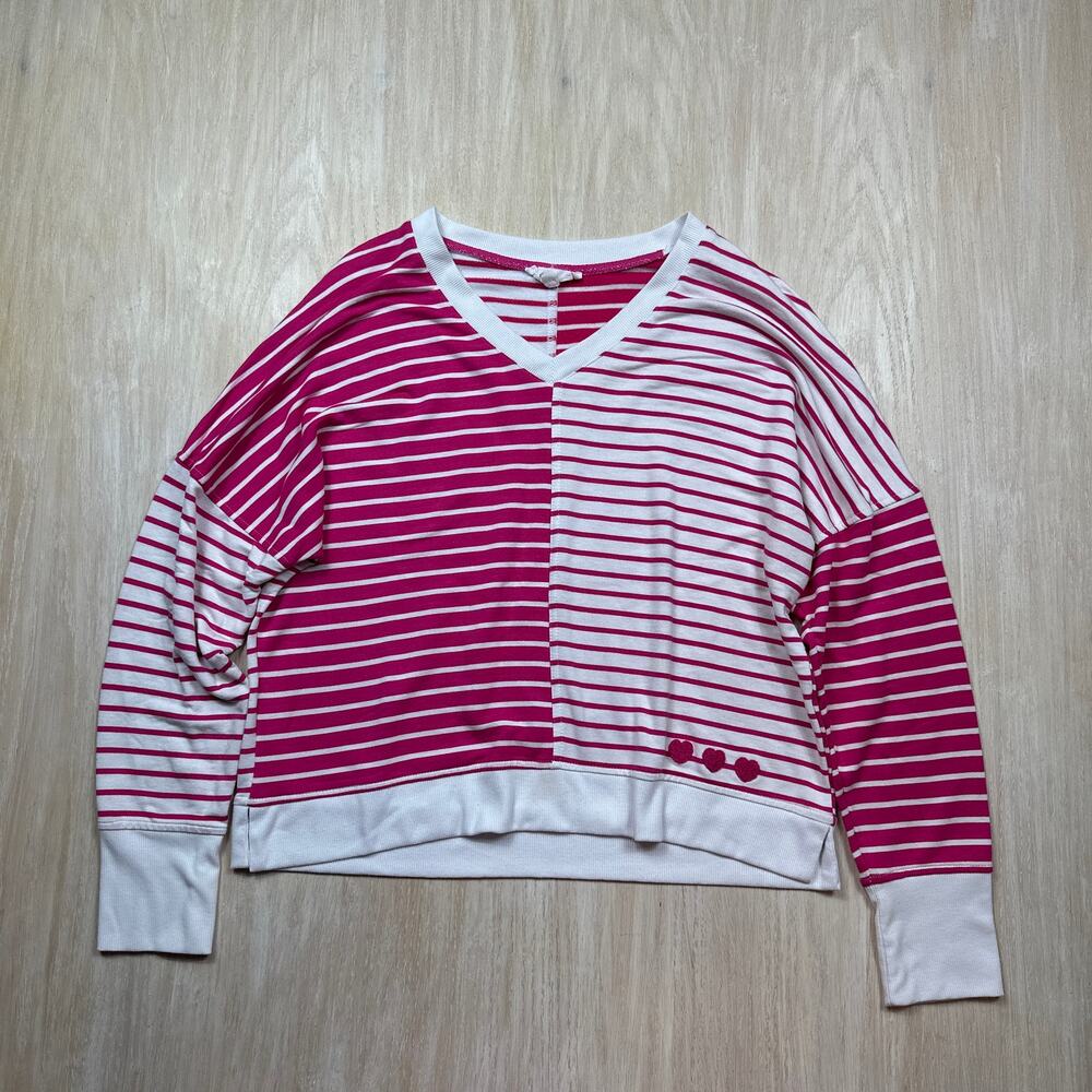 Jane and Delancey Pink White Striped Colorblock Heart V Neck Sweatshirt Medium